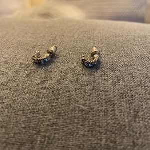 VINTAGE blue rhinestone brushed metal cuff earrings